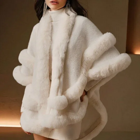 elegant Statement maker Women's faux fur trimmed knit Shawl - Picture 9 of 9